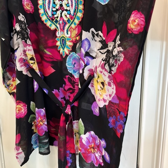 Flint & Moss beach Black Floral Embellished sheer cover up with tie sz.L - Picture 5 of 7